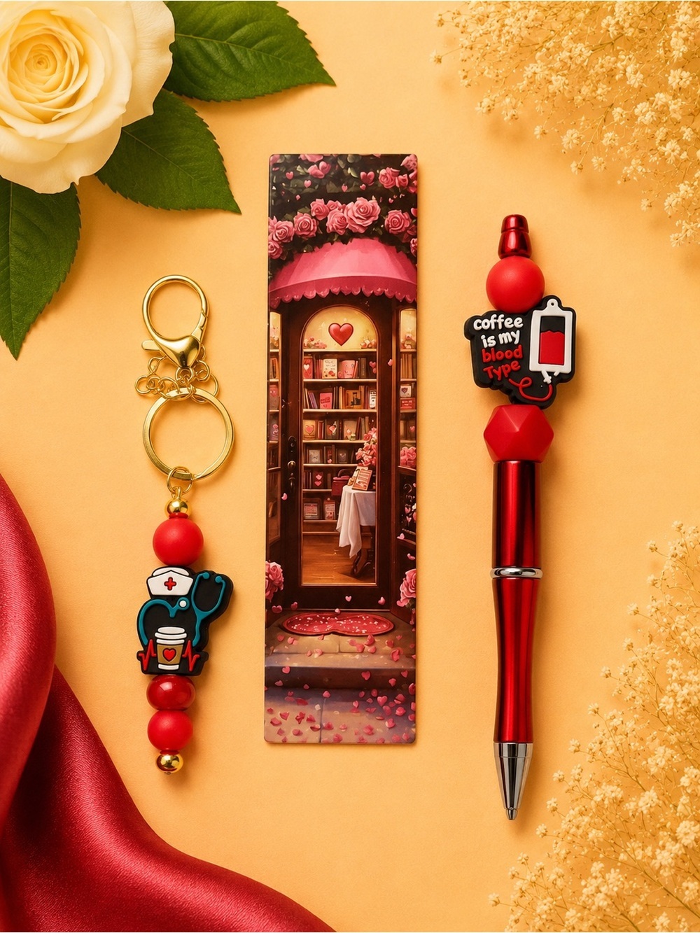 Red Novelty Nurse Keychain & Pen Gift Set with Bookmark